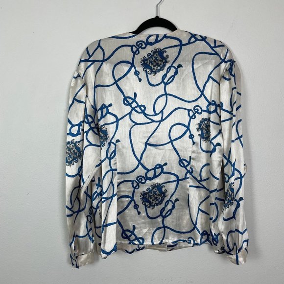 VTG Oscar de la Renta Expressions Woman's Sz 10 White & Blue Rope Satin Blouse - Picture 7 of 9